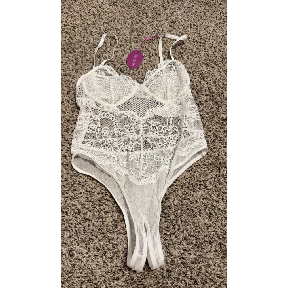 Avidlove White Lace Bodysuit Lingerie Sheer Mesh Thong Teddy NWT Small - Picture 1 of 2